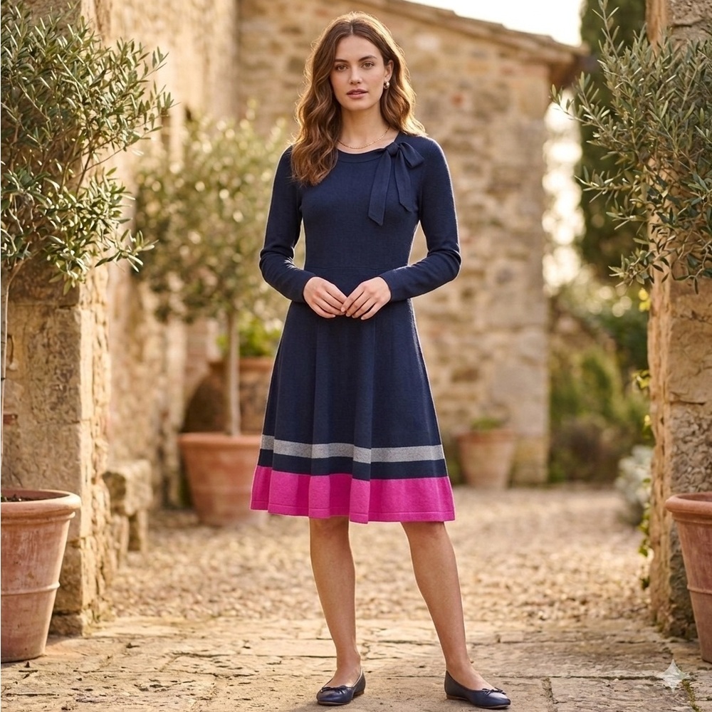 Eliza J | Navy Long Sleeve Fit & Flare Sweater Dress with Bow Detail | Sz M